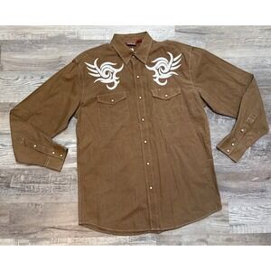 Men's Red Ranch Brown W/ Embroidery Pearl Snap Western Cowboy Shirt Sz XL
